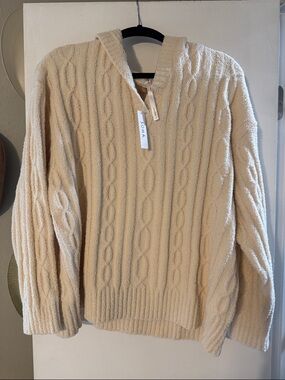 Soma Women’s Cream Cable-Knit Hooded V-Neck Sweater